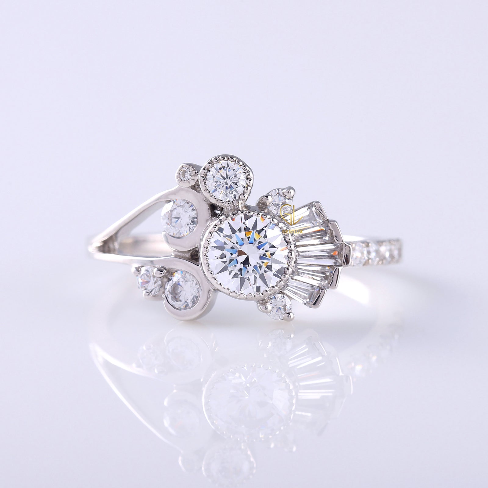 Round Moissanite Bezel Set Cluster Ring, unique design ring