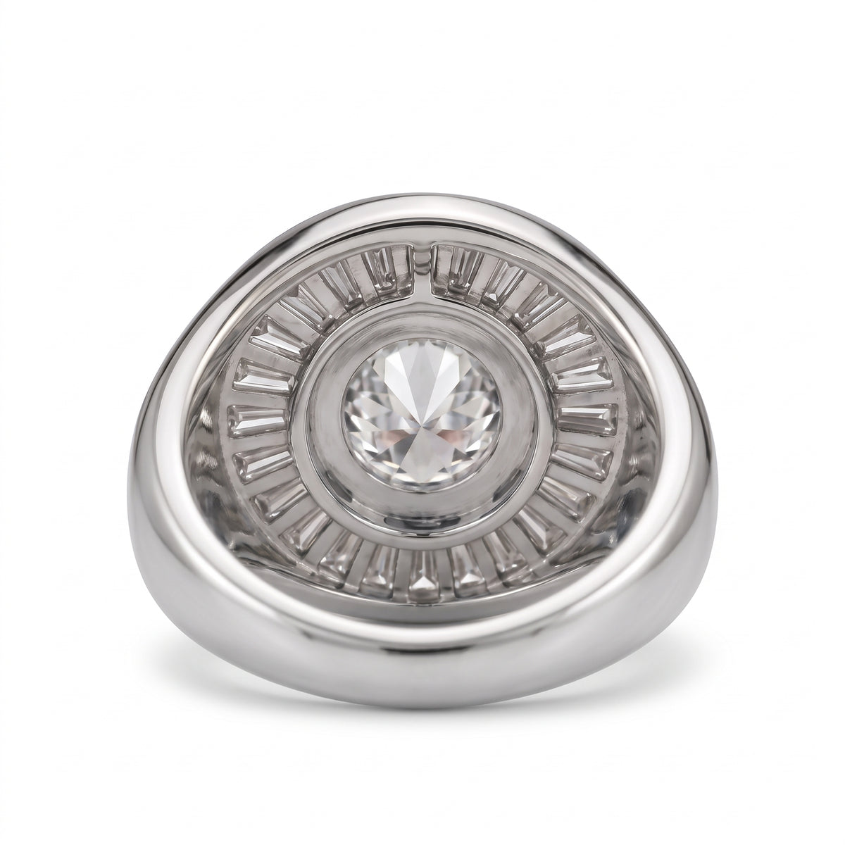 Round-cut lab-grown diamond signet ring with a sunburst baguette halo and rose-gold band by Gemlux Jewels