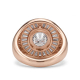 Round-cut lab-grown diamond signet ring with a sunburst baguette halo and rose-gold band by Gemlux Jewels