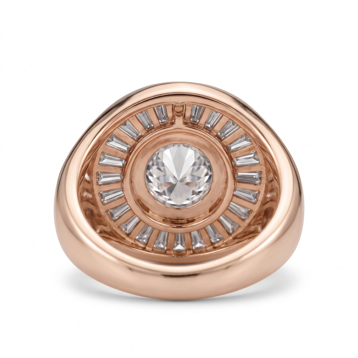 Round-cut lab-grown diamond signet ring with a sunburst baguette halo and rose-gold band by Gemlux Jewels