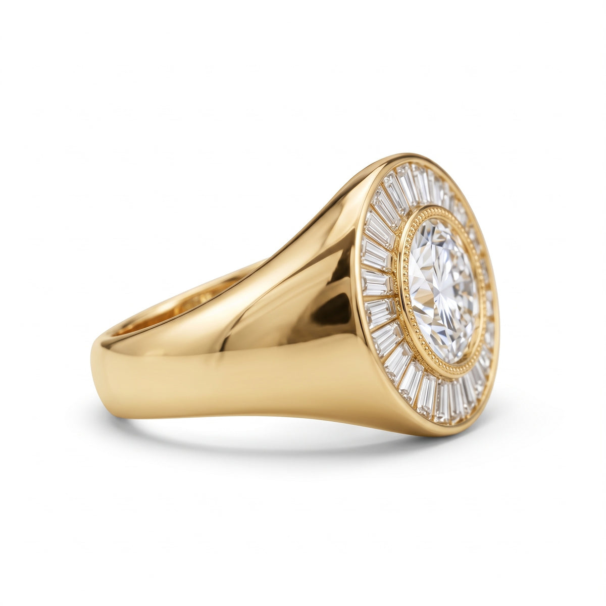 Round-cut lab-grown diamond signet ring with a sunburst baguette halo and rose-gold band by Gemlux Jewels
