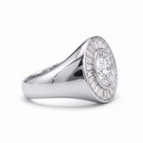 Round-cut lab-grown diamond signet ring with a sunburst baguette halo and rose-gold band by Gemlux Jewels
