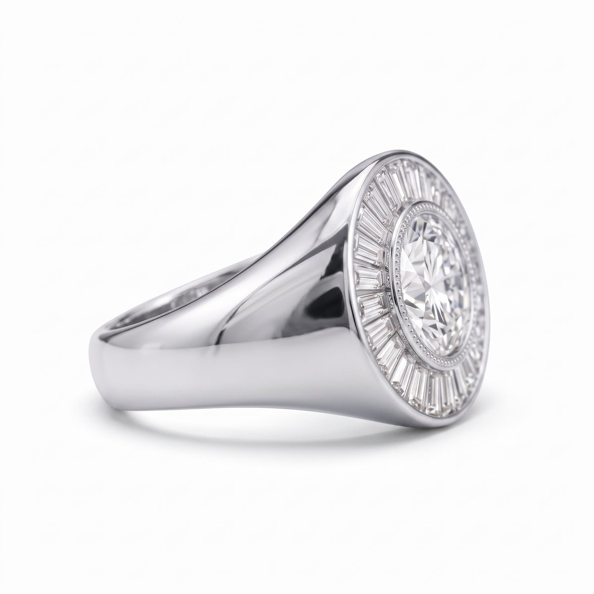 Round-cut lab-grown diamond signet ring with a sunburst baguette halo and rose-gold band by Gemlux Jewels