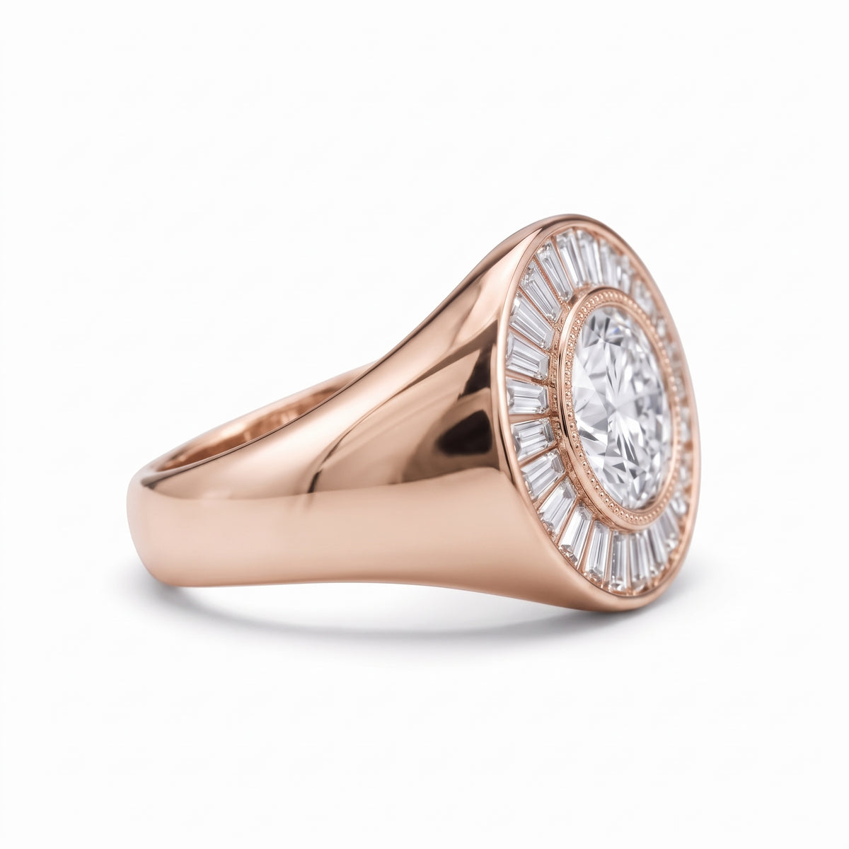 Round-cut lab-grown diamond signet ring with a sunburst baguette halo and rose-gold band by Gemlux Jewels
