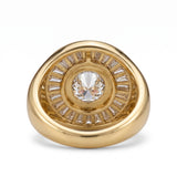 Round-cut lab-grown diamond signet ring with a sunburst baguette halo and rose-gold band by Gemlux Jewels