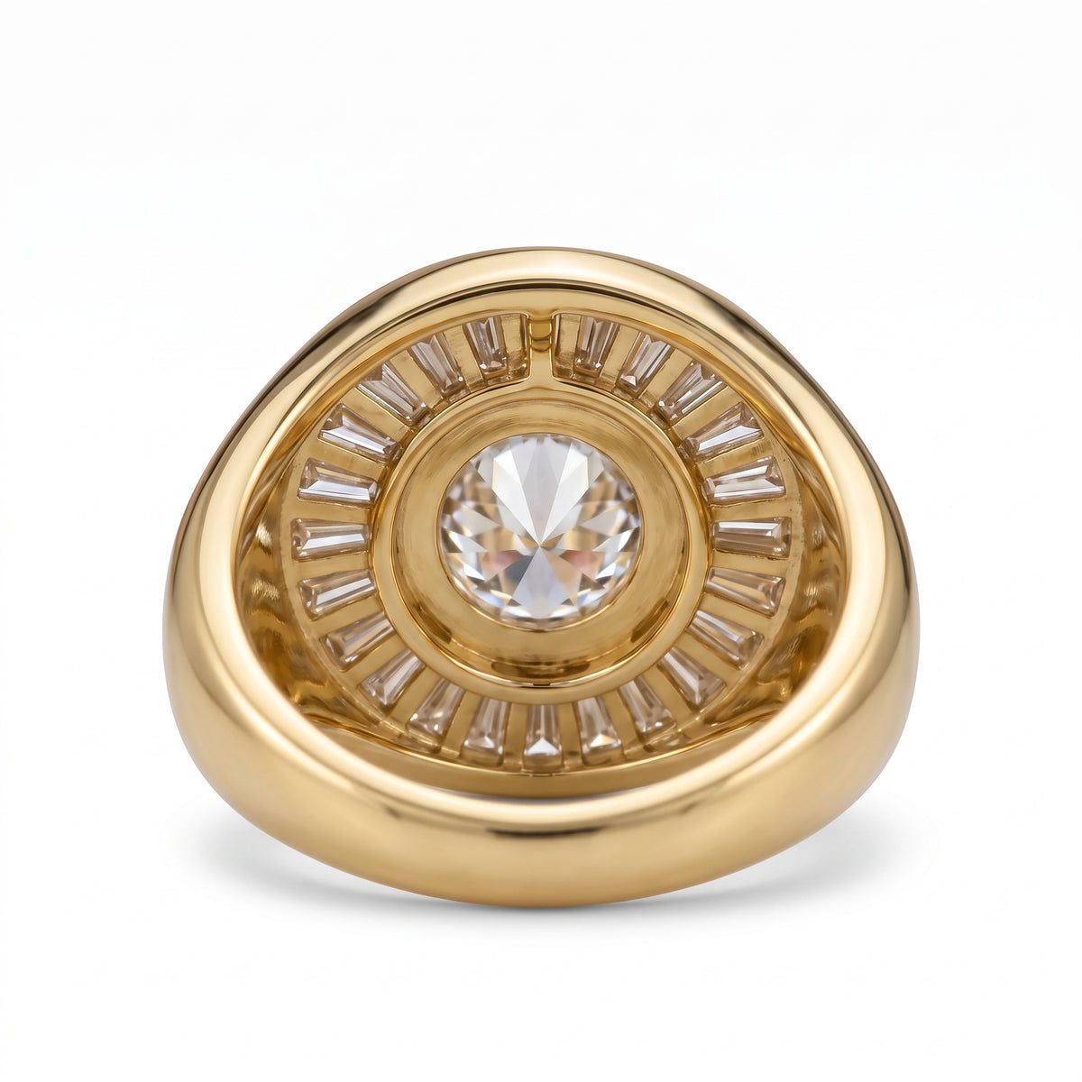 Round-cut lab-grown diamond signet ring with a sunburst baguette halo and rose-gold band by Gemlux Jewels