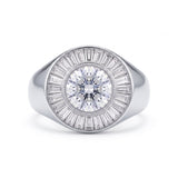 Round-cut lab-grown diamond signet ring with a sunburst baguette halo and rose-gold band by Gemlux Jewels