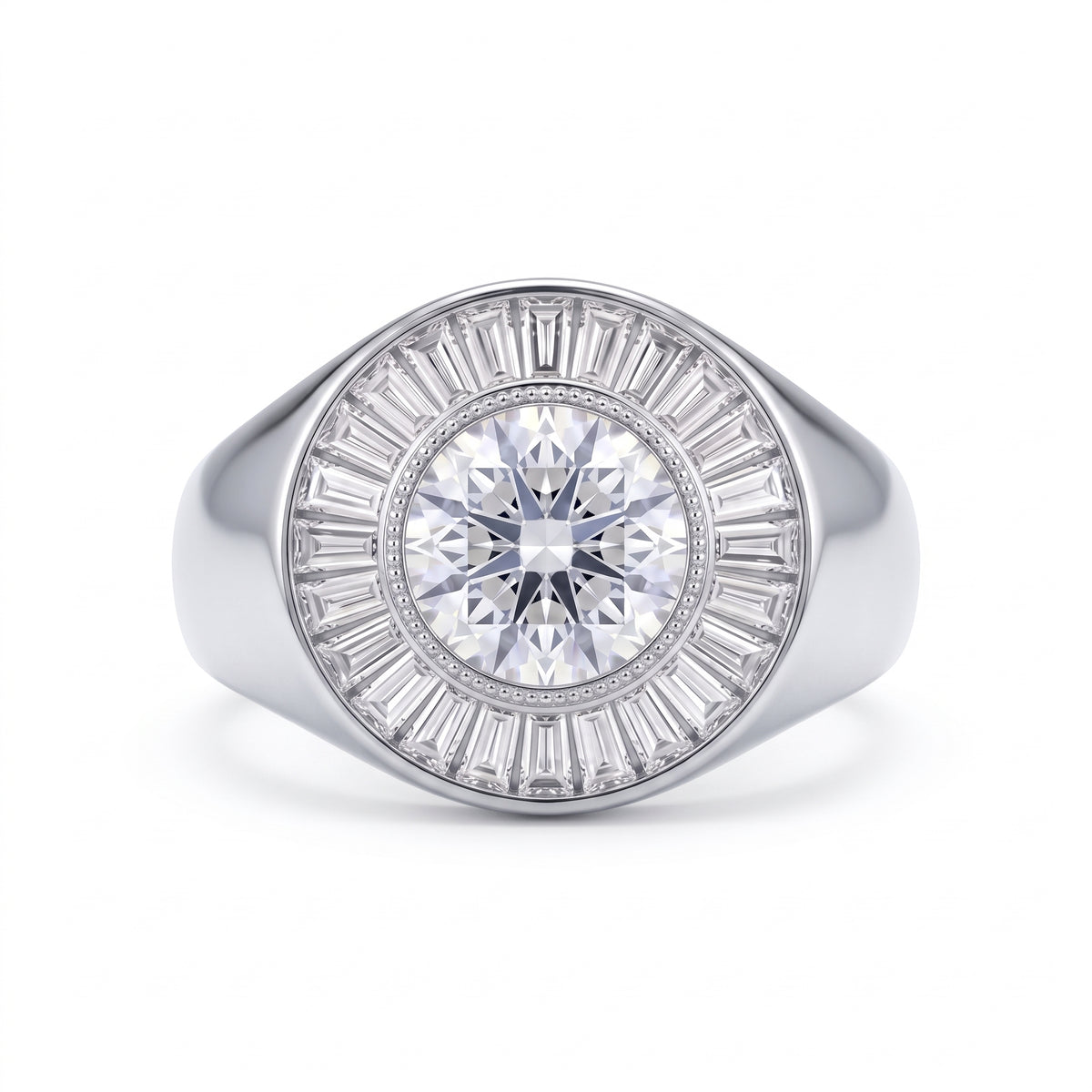 Round-cut lab-grown diamond signet ring with a sunburst baguette halo and rose-gold band by Gemlux Jewels