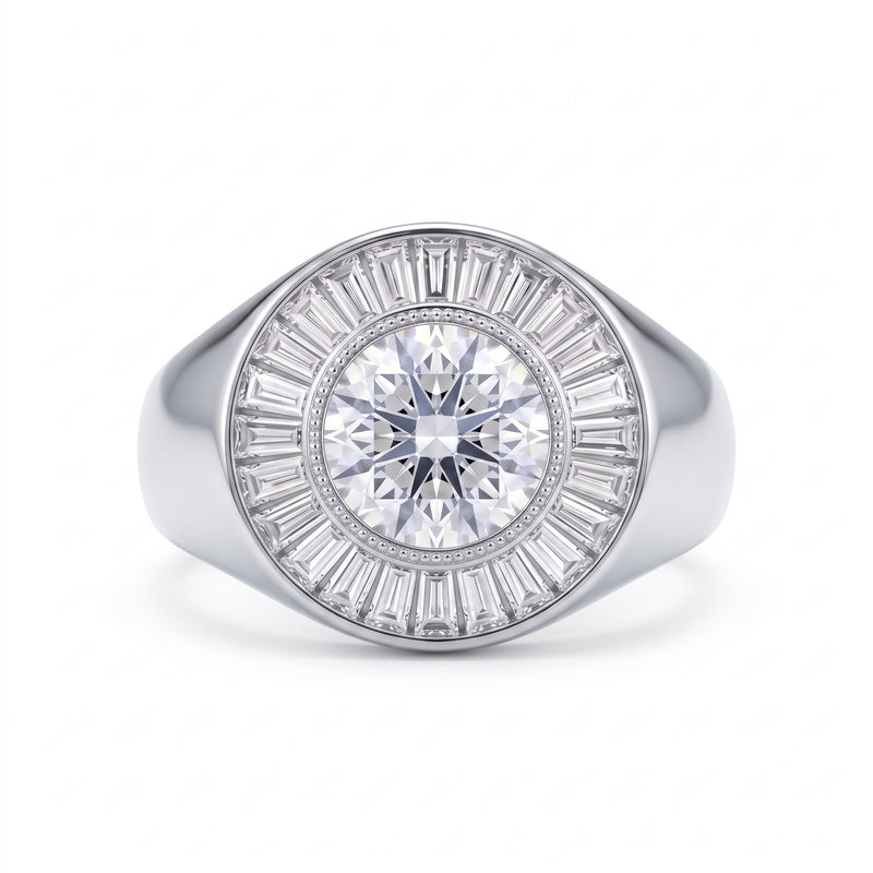 Round and Baguette Cluster Halo Lab Grown Diamond Signet Ring