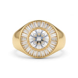 Round-cut lab-grown diamond signet ring with a sunburst baguette halo and rose-gold band by Gemlux Jewels