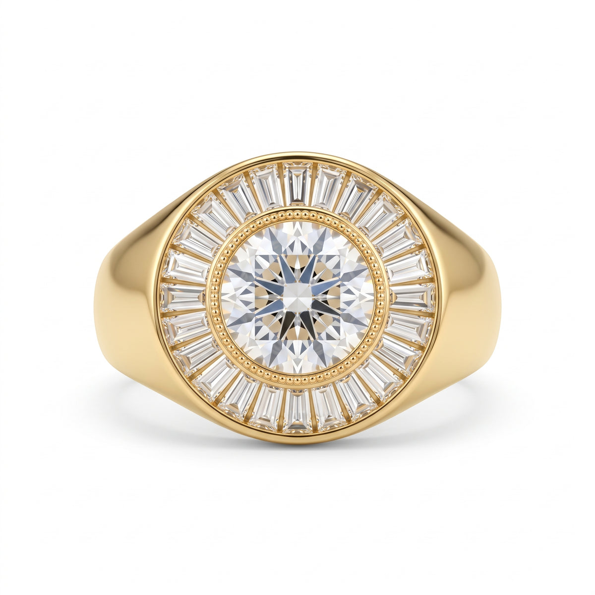 Round-cut lab-grown diamond signet ring with a sunburst baguette halo and rose-gold band by Gemlux Jewels