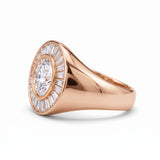 Round-cut lab-grown diamond signet ring with a sunburst baguette halo and rose-gold band by Gemlux Jewels