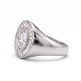 Round-cut lab-grown diamond signet ring with a sunburst baguette halo and rose-gold band by Gemlux Jewels