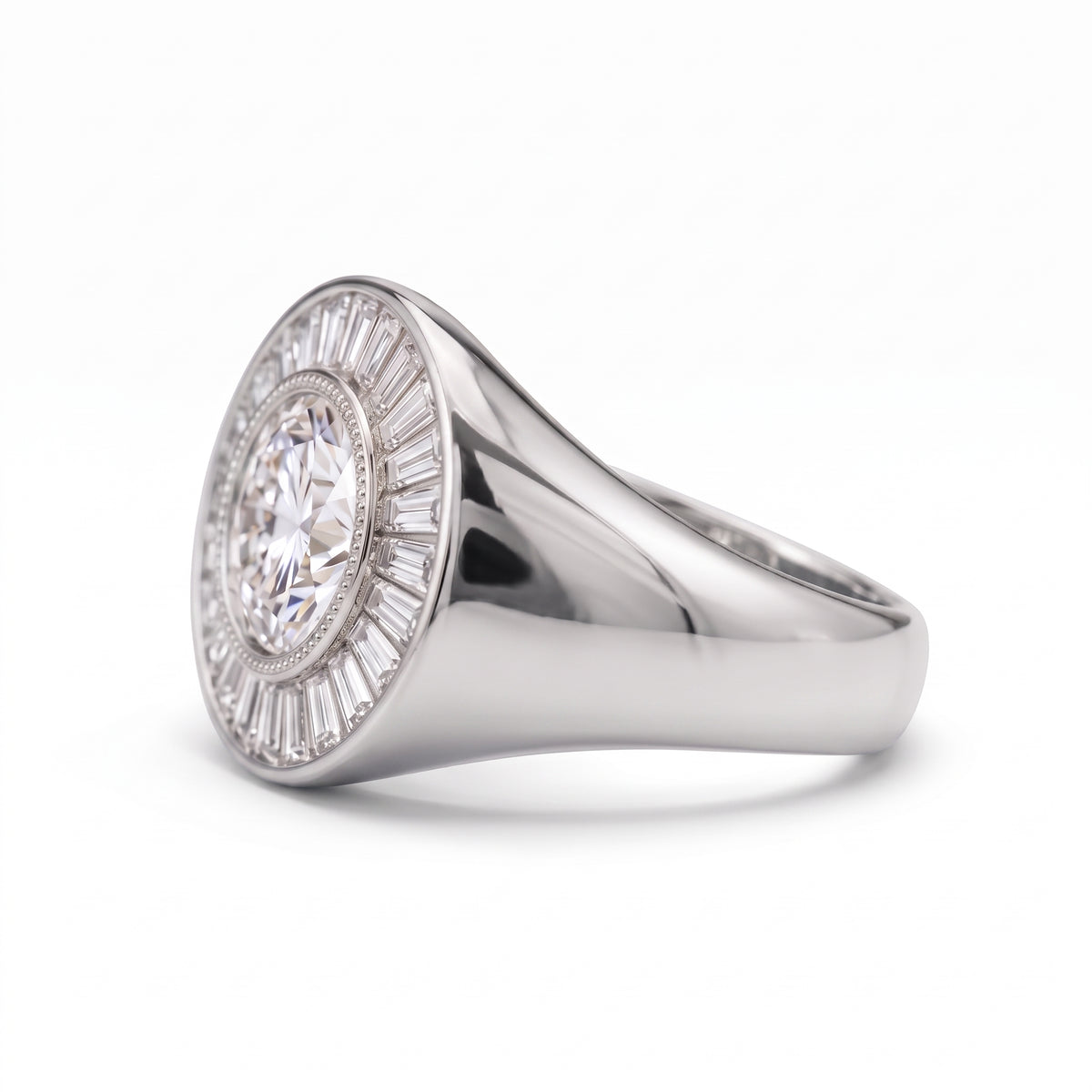 Round-cut lab-grown diamond signet ring with a sunburst baguette halo and rose-gold band by Gemlux Jewels