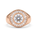 Round-cut lab-grown diamond signet ring with a sunburst baguette halo and rose-gold band by Gemlux Jewels