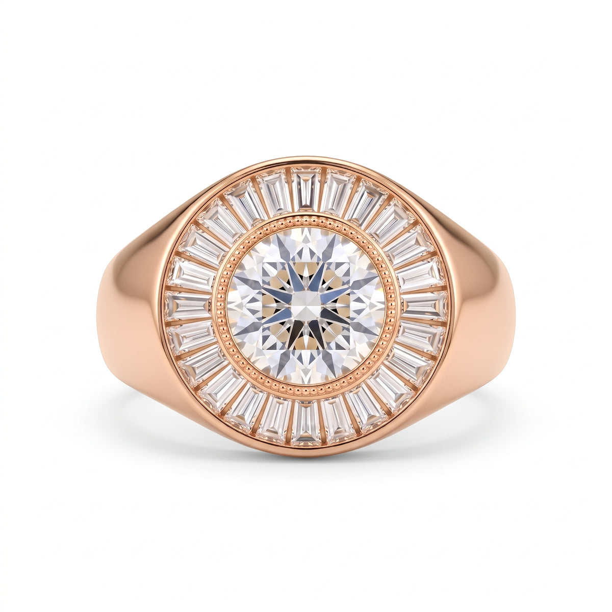 Round-cut lab-grown diamond signet ring with a sunburst baguette halo and rose-gold band by Gemlux Jewels