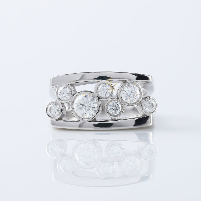 Round Cut Lab Grown Bezel Set Scattered Diamond Wedding Ring