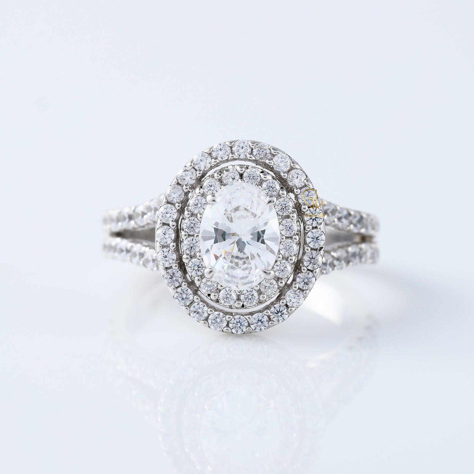 Split Shank 1 Ct Oval Cut Moissanite Double Halo Engagement Ring