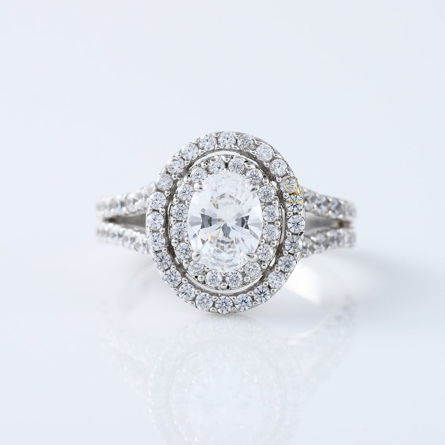 Split Shank 1 Ct Oval Cut Moissanite Double Halo Engagement Ring