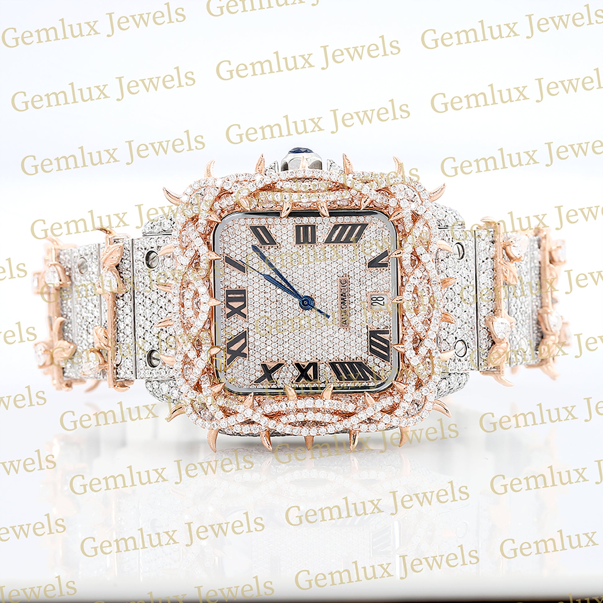 Square Roman Dial Iced Out Crown Thorn Hip Hop Watch