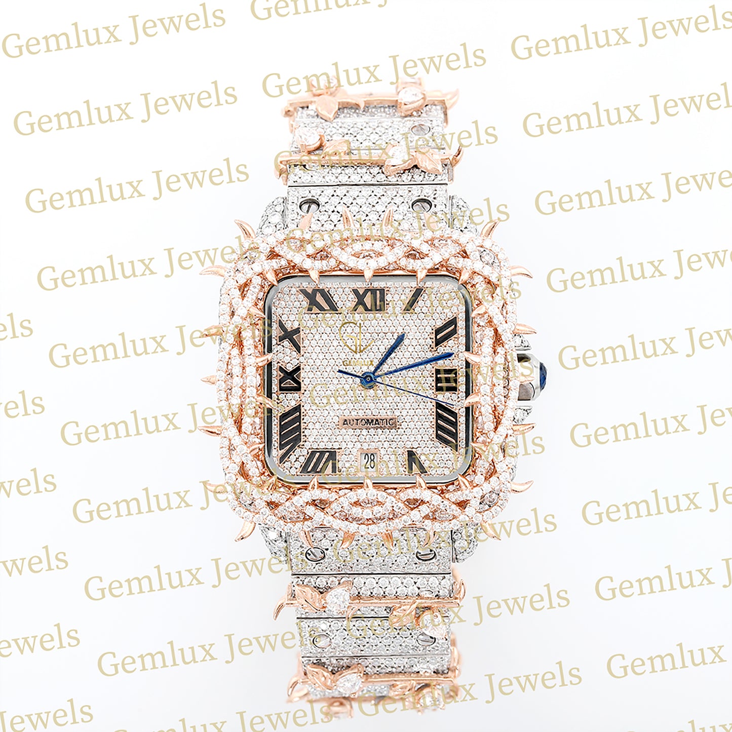 Square Roman Dial Iced Out Crown Thorn Hip Hop Watch