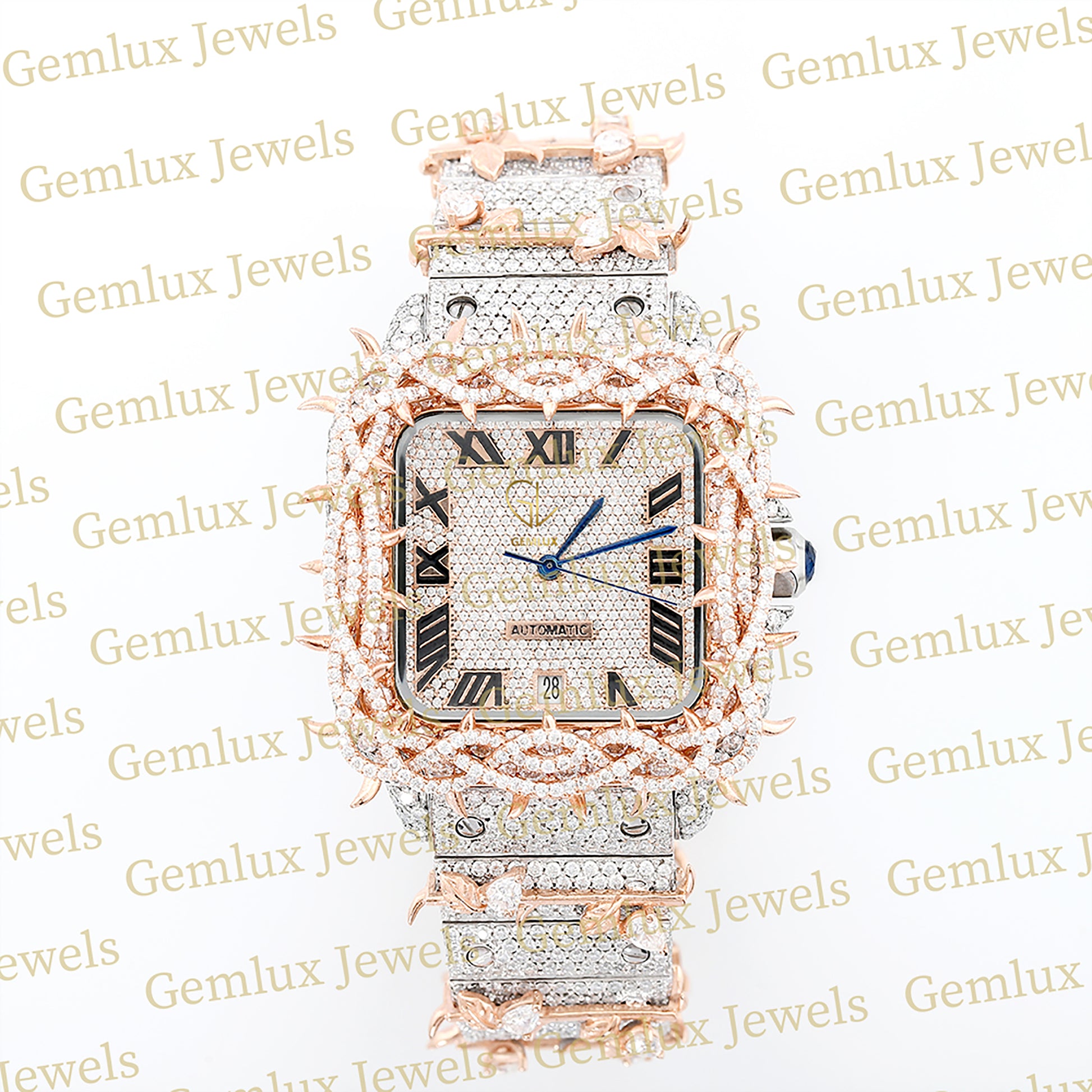 Square Roman Dial Iced Out Crown Thorn Hip Hop Watch