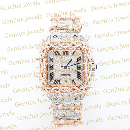 Square Roman Dial Iced Out Crown Thorn Hip Hop Watch