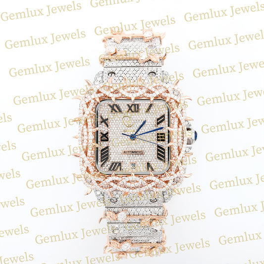 Square Roman Dial Iced Out Crown Thorn Hip Hop Watch