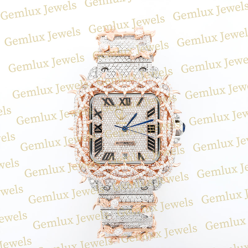 Square Roman Dial Iced Out Crown Thorn Hip Hop Watch
