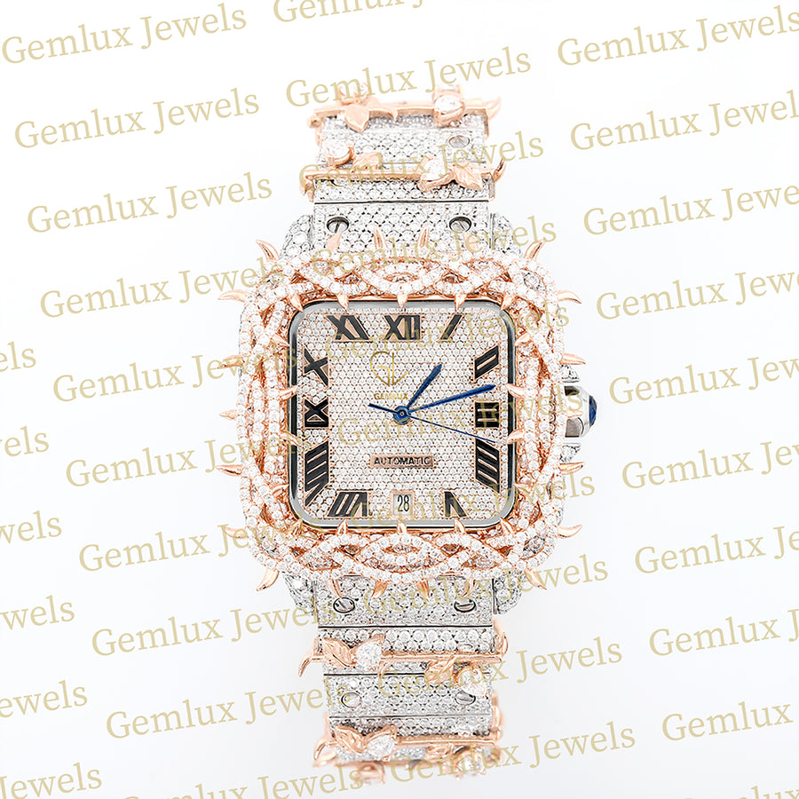 Square Roman Dial Iced Out Crown Thorn Hip Hop Watch