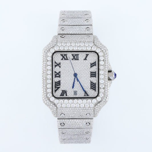 Square Roman Dial Full White Iced Out Lab Grown Diamond Watch