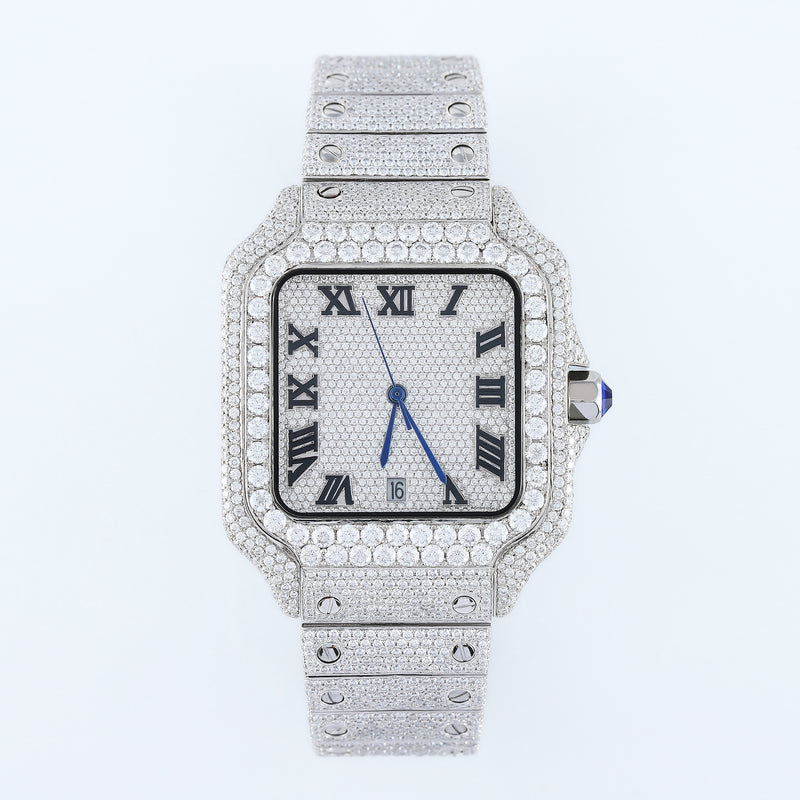 Square Roman Dial Full White Iced Out Lab Grown Diamond Watch