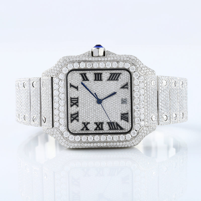 Square Roman Dial Full White Iced Out Lab Grown Diamond Watch