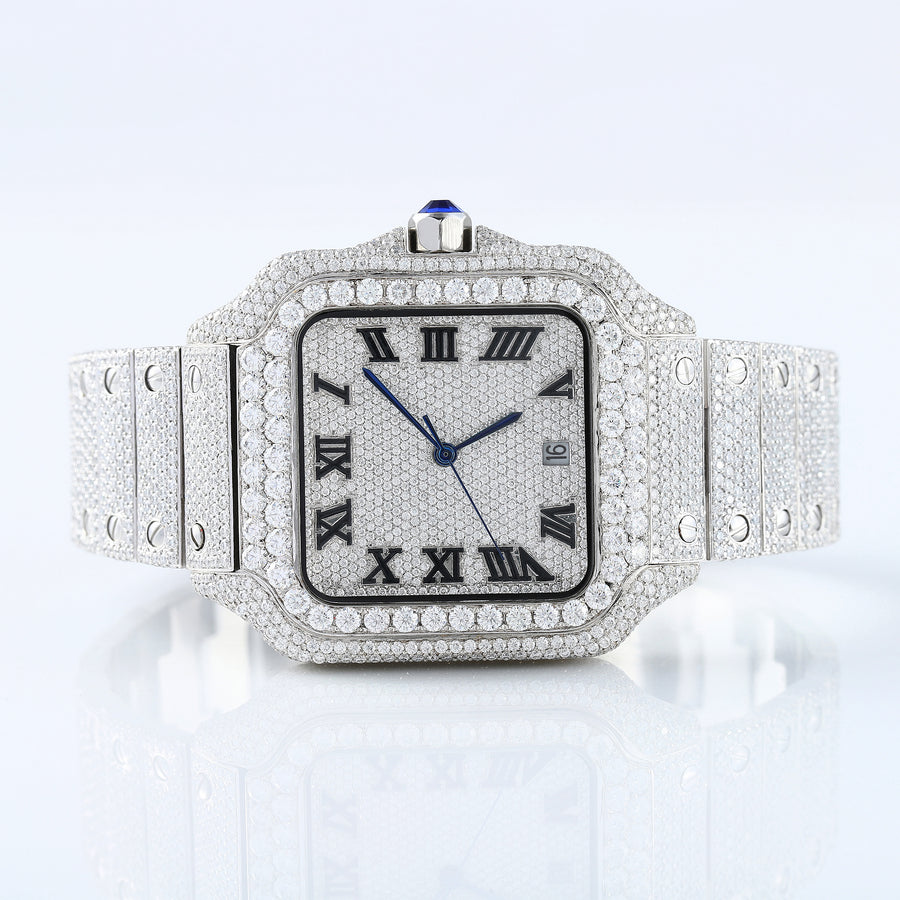 Square Roman Dial Full White Iced Out Lab Grown Diamond Watch