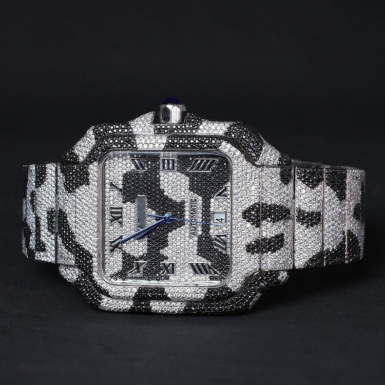 Square Roman Dial Iced Out Black & White Moissanite Hip Hop Watch