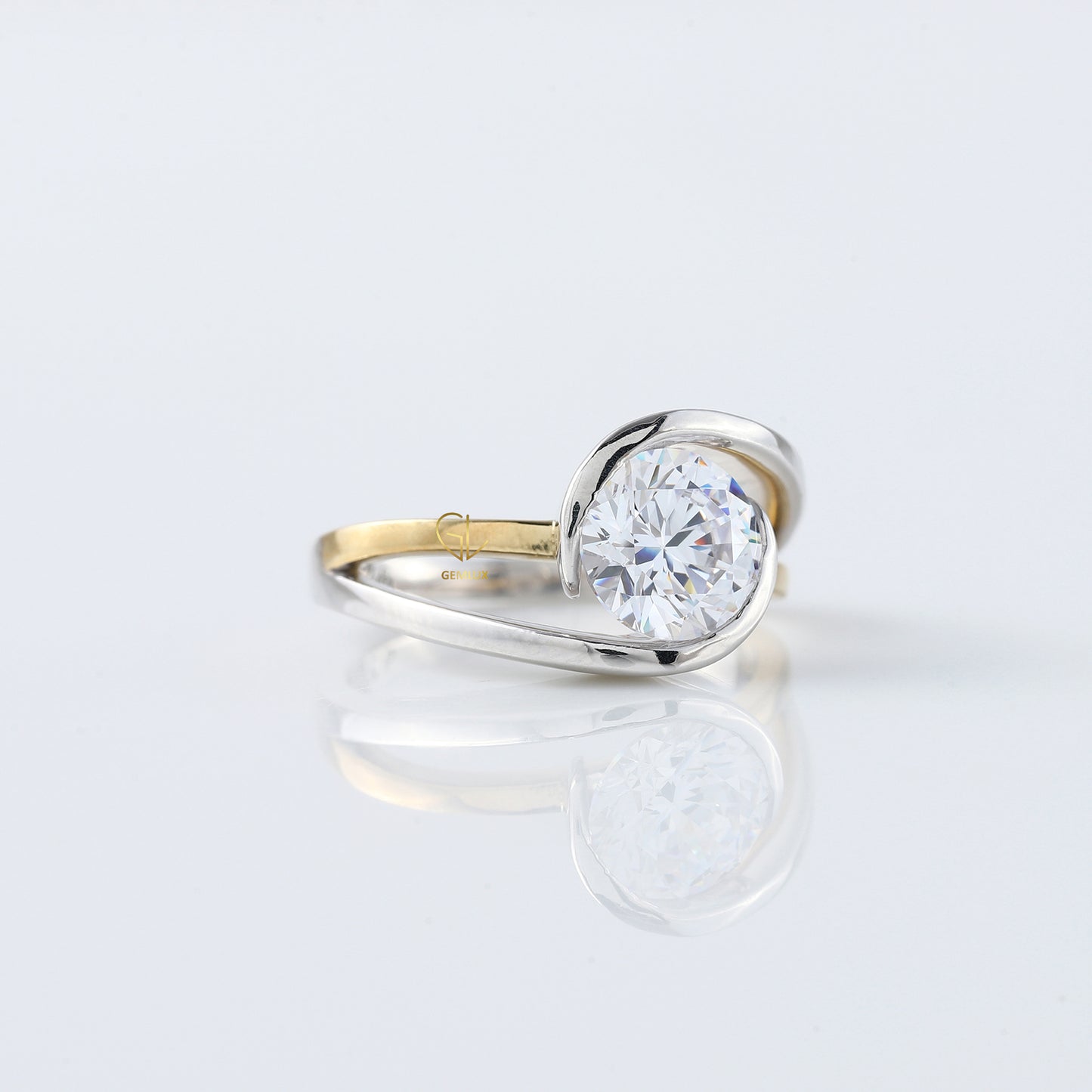 Swirl Bypass Round Moissanite Two Tone Engagement Ring