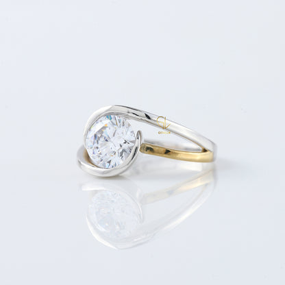 Swirl Bypass Round Moissanite Two Tone Engagement Ring