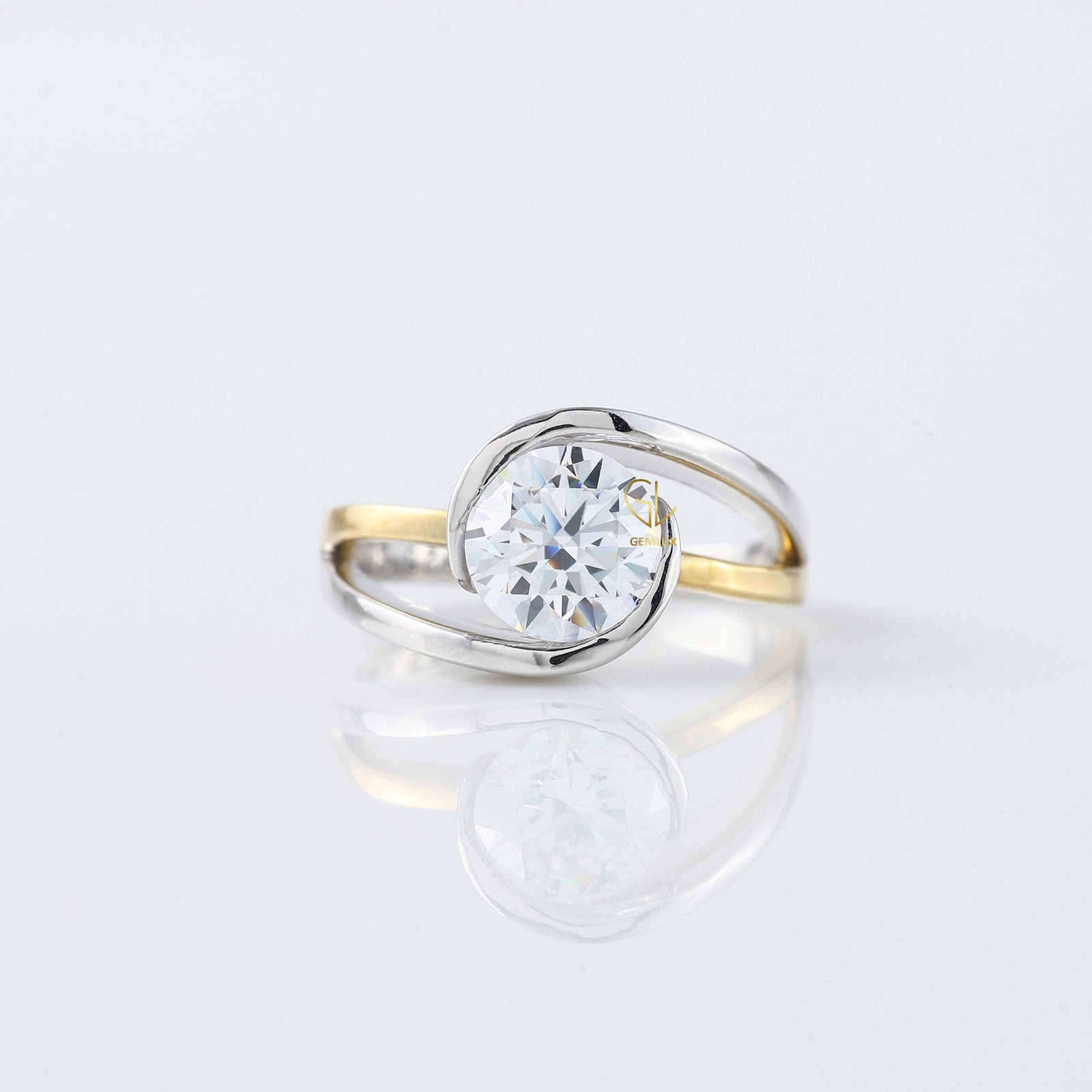 Swirl Bypass Round Cut Lab Grown Two Tone Solitaire Engagement Ring