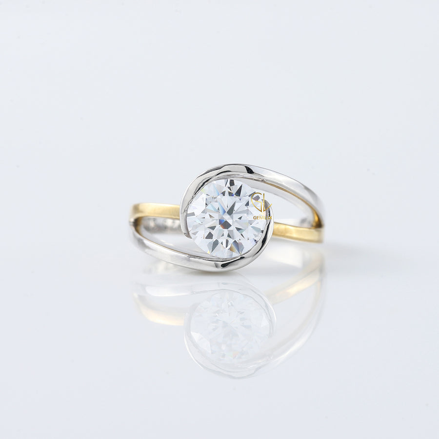 Swirl Bypass Round Cut Lab Grown Two Tone Solitaire Engagement Ring