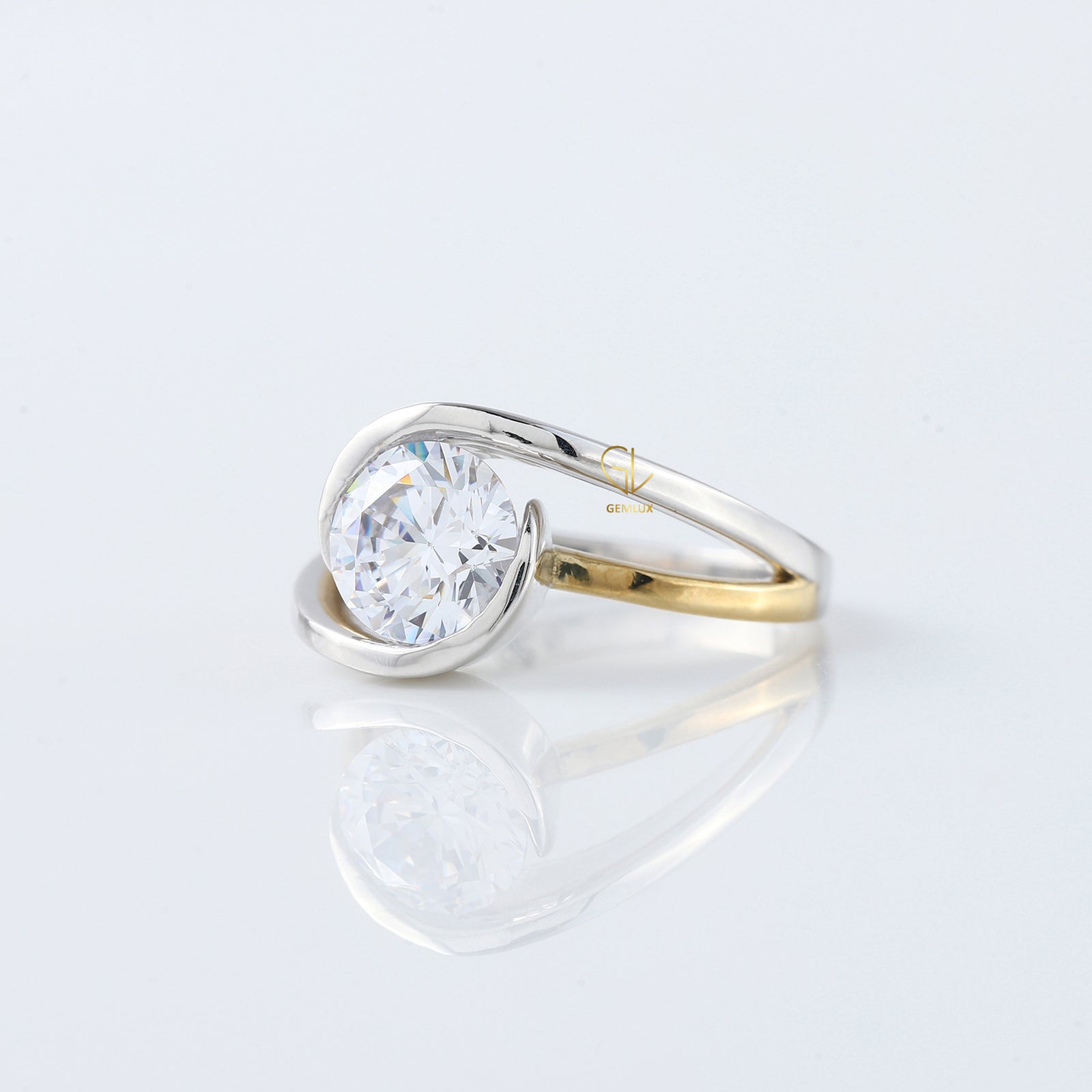 Swirl Bypass Round Cut Lab Grown Two Tone Solitaire Engagement Ring