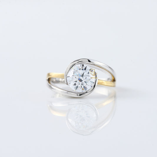 Swirl Bypass Round Moissanite Two Tone Solitaire Engagement Ring