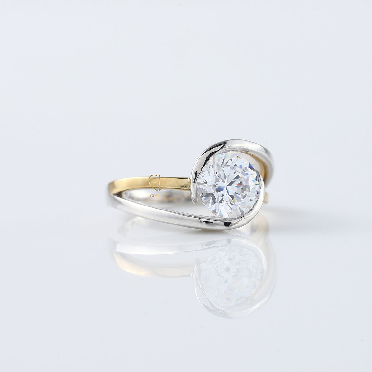 Swirl Bypass Round Moissanite Two Tone Solitaire Engagement Ring