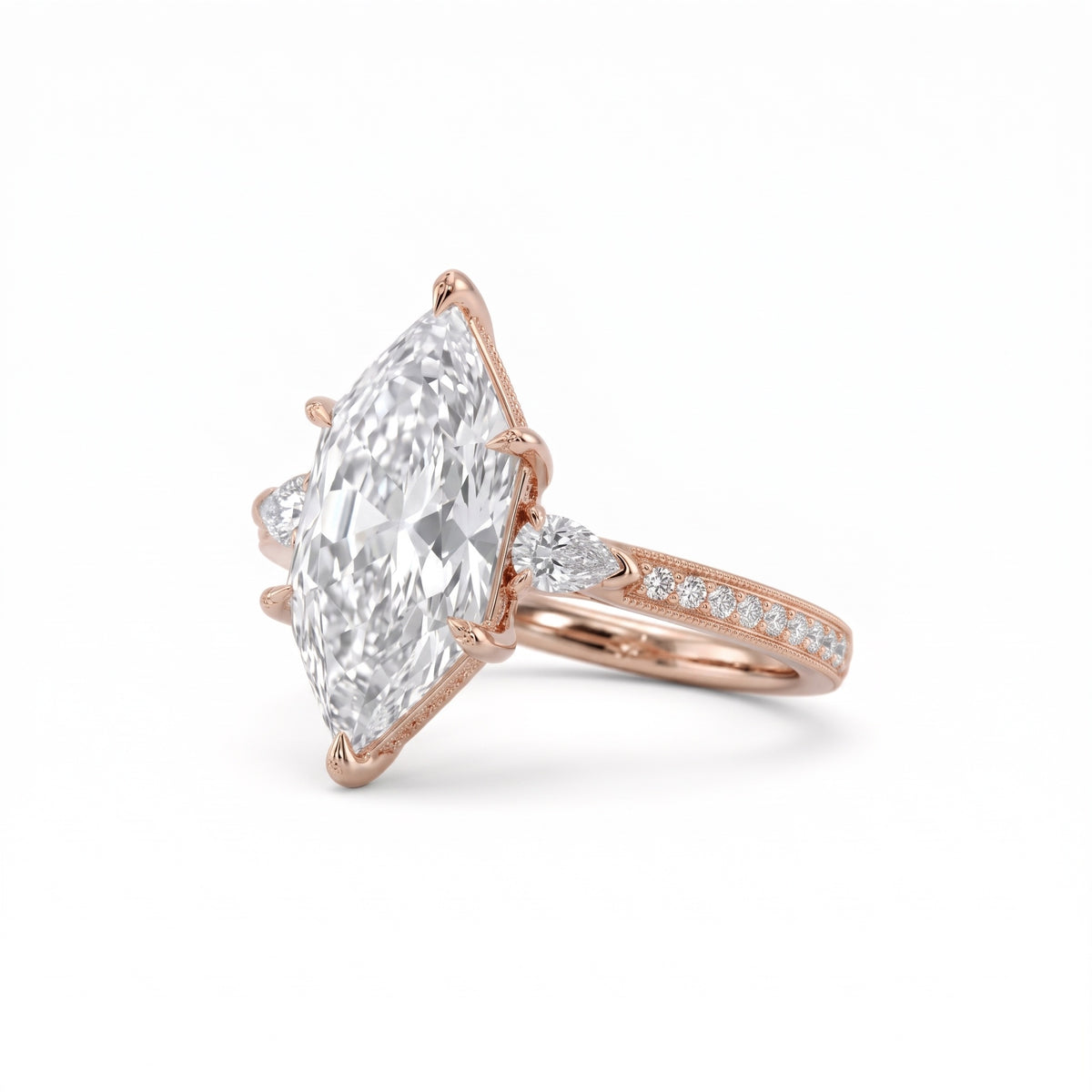 Marquise-cut lab-grown diamond engagement ring with round diamond side clusters and a slim yellow-gold band