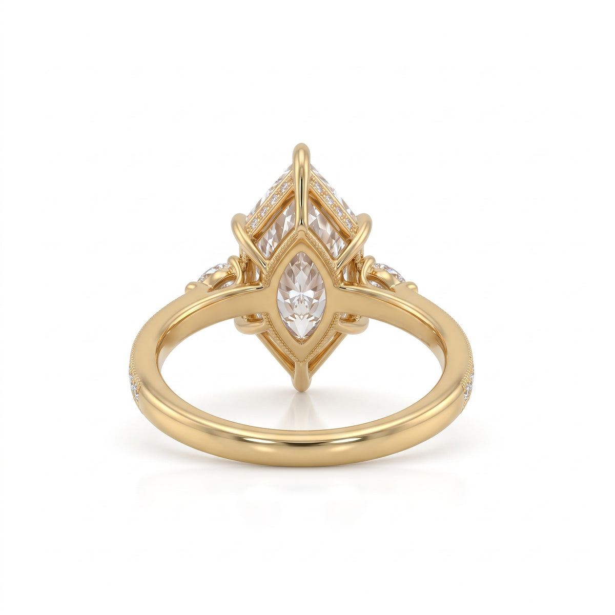 Marquise-cut lab-grown diamond engagement ring with round diamond side clusters and a slim yellow-gold band