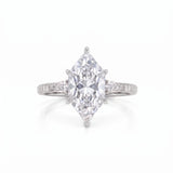 Marquise-cut lab-grown diamond engagement ring with round diamond side clusters and a slim yellow-gold band