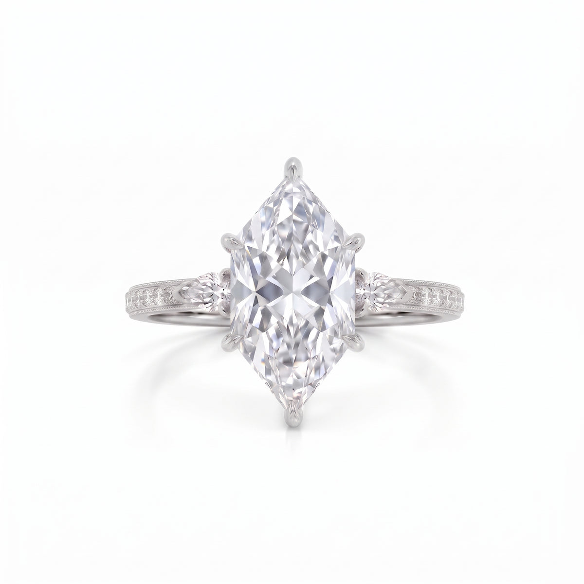 Marquise-cut lab-grown diamond engagement ring with round diamond side clusters and a slim yellow-gold band