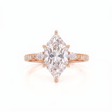 Marquise-cut lab-grown diamond engagement ring with round diamond side clusters and a slim yellow-gold band