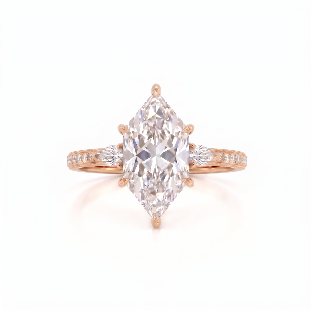 Marquise-cut lab-grown diamond engagement ring with round diamond side clusters and a slim yellow-gold band