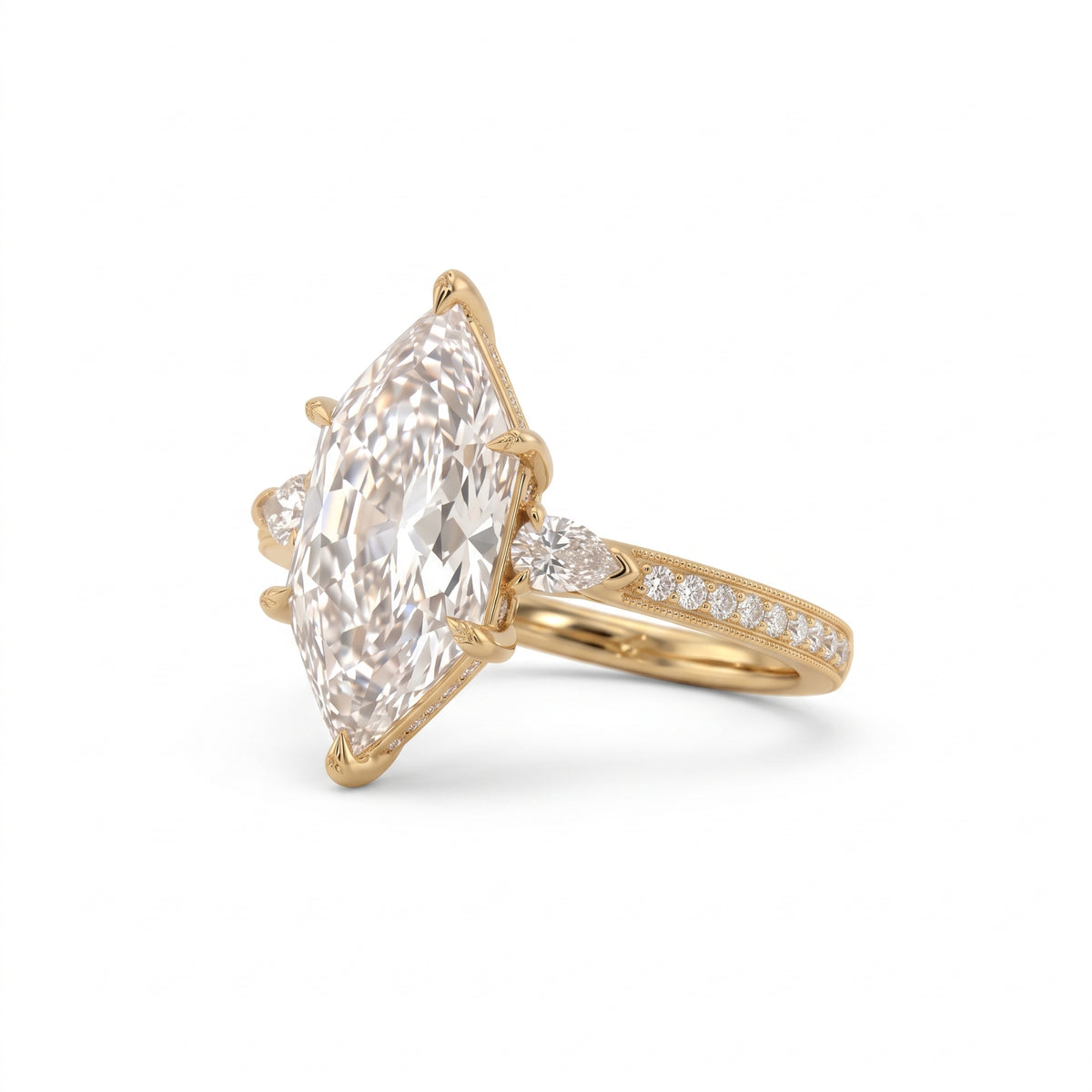 Marquise-cut lab-grown diamond engagement ring with round diamond side clusters and a slim yellow-gold band