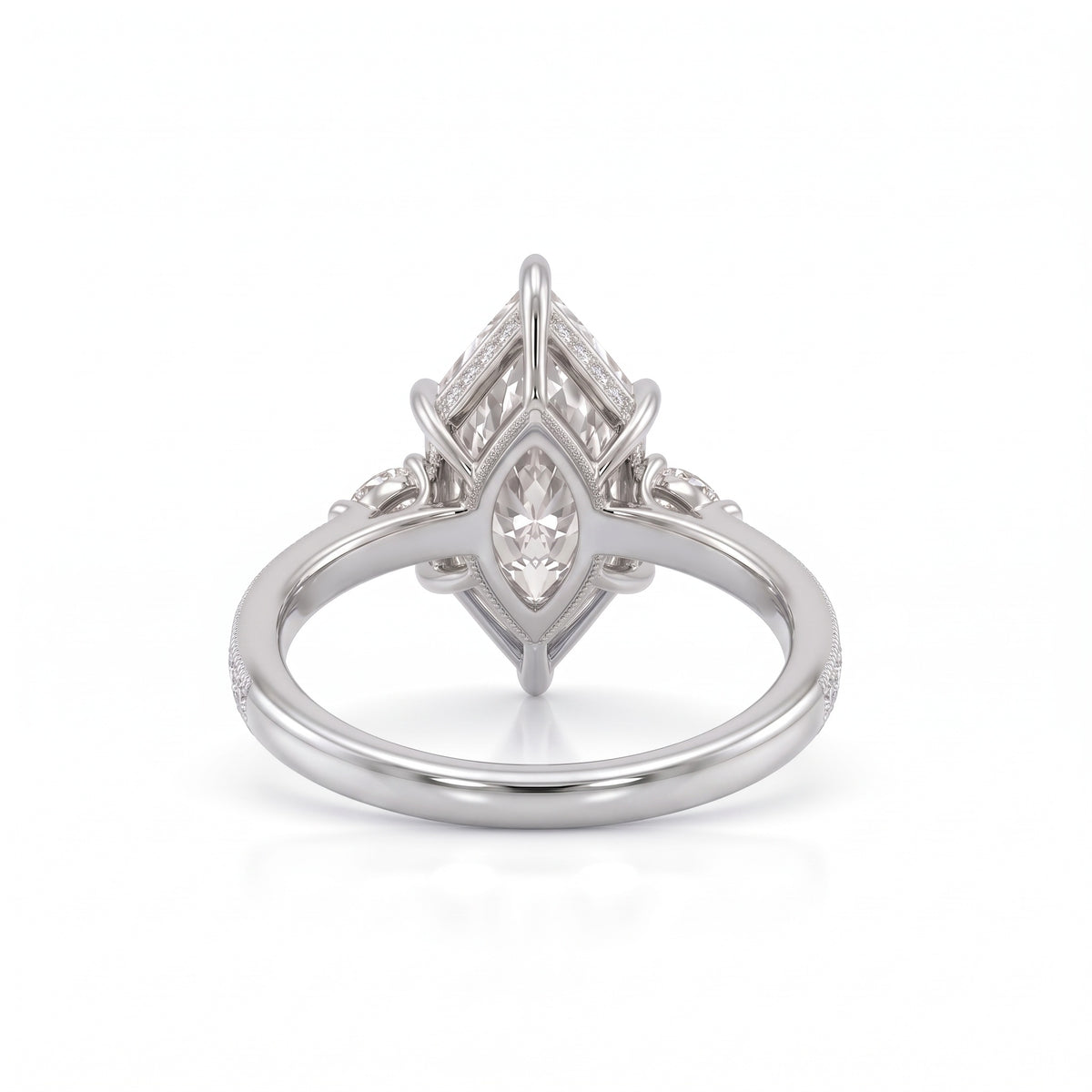 Marquise-cut lab-grown diamond engagement ring with round diamond side clusters and a slim yellow-gold band